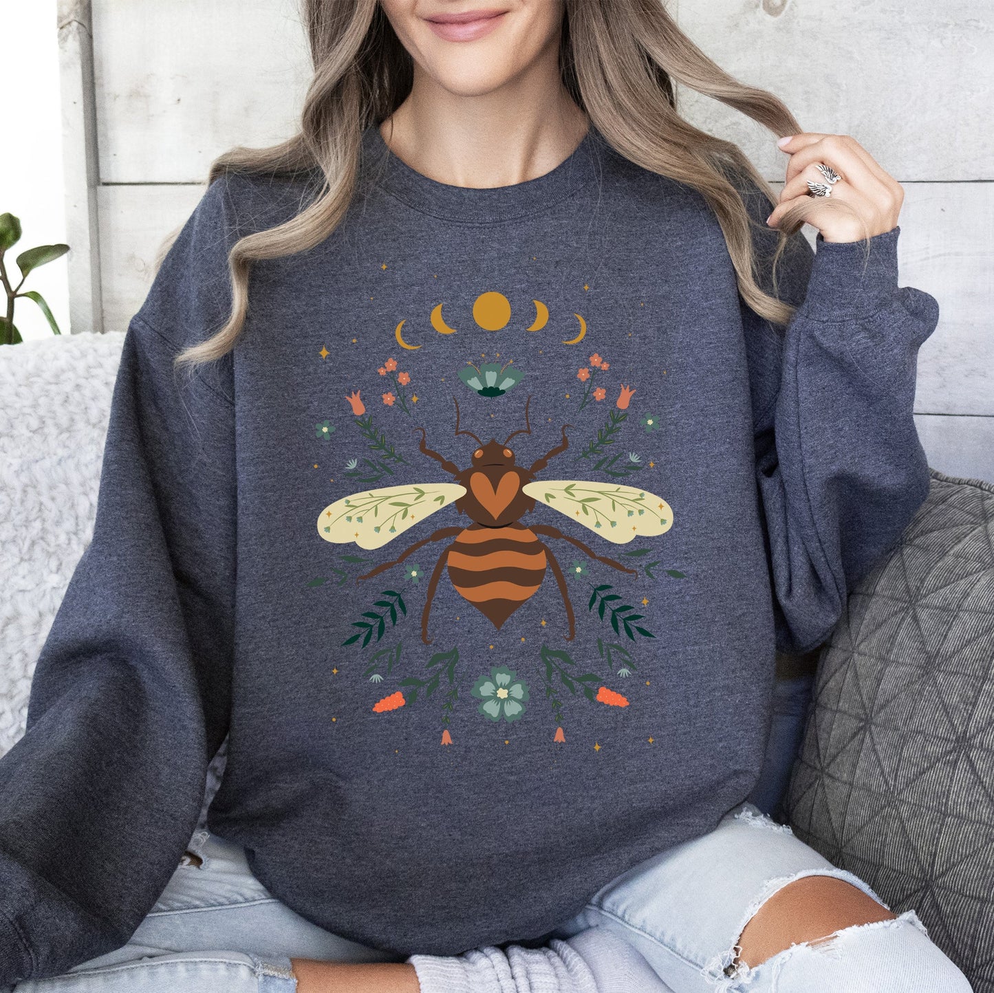 Honey Bee, Forest Moon, Botanical Design Sweatshirt