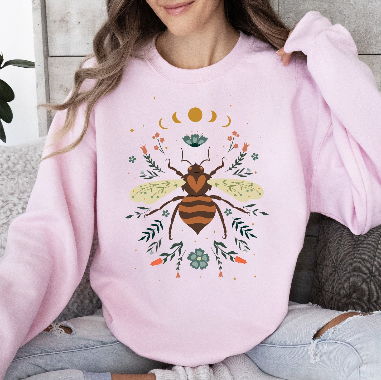 Honey Bee, Forest Moon, Botanical Design Sweatshirt