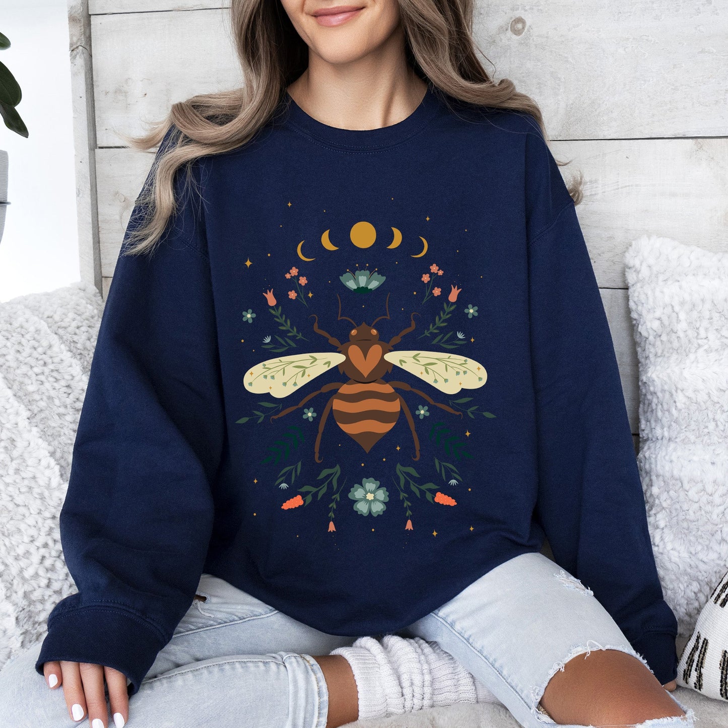 Honey Bee, Forest Moon, Botanical Design Sweatshirt