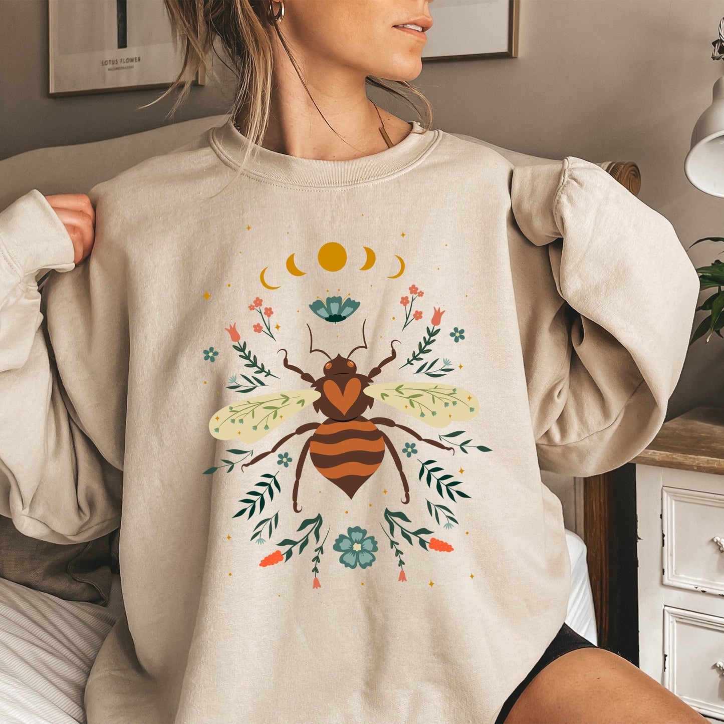 Honey Bee, Forest Moon, Botanical Design Sweatshirt