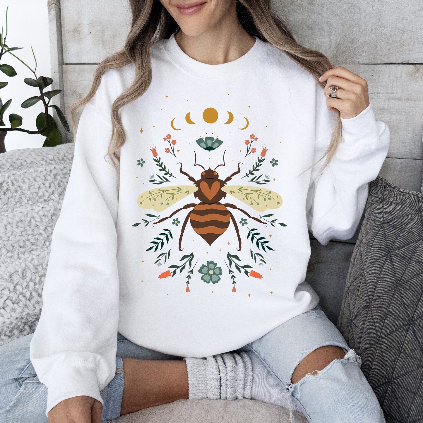 Honey Bee, Forest Moon, Botanical Design Sweatshirt