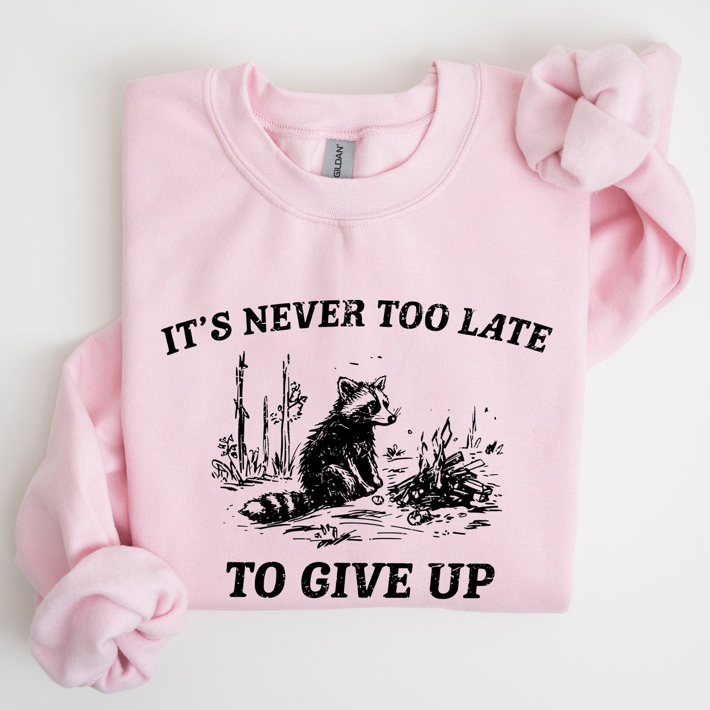 It's Never Too Late To Give Up, Raccoon, Funny, Aesthetic Sweatshirt