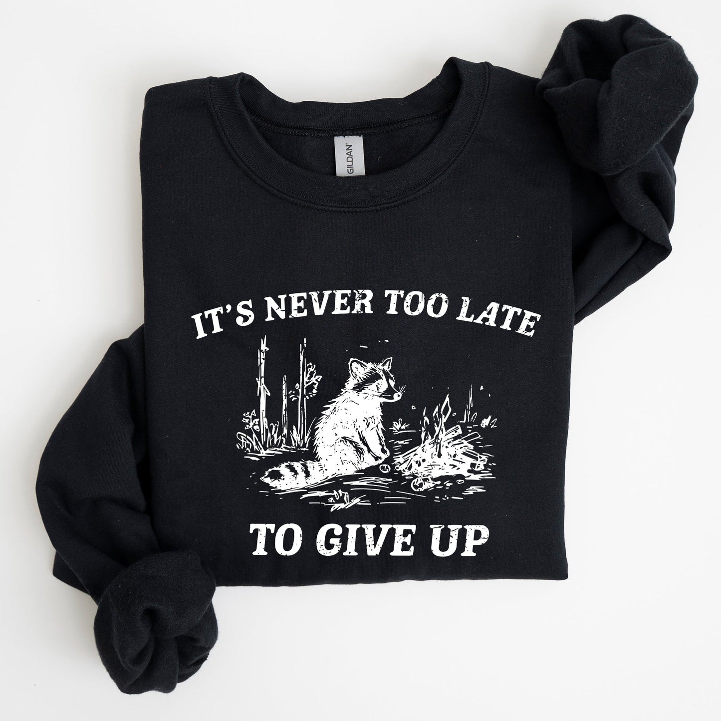 It's Never Too Late To Give Up, Raccoon, Funny, Aesthetic Sweatshirt