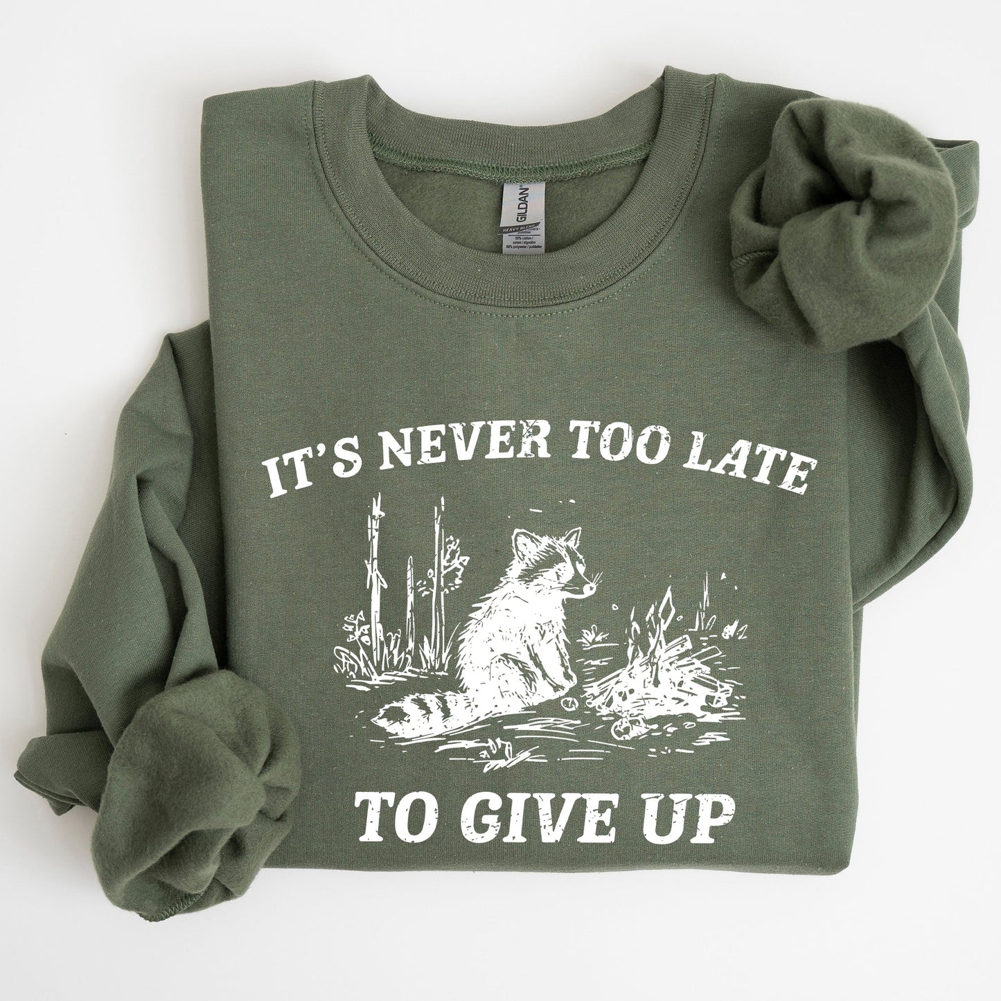 It's Never Too Late To Give Up, Raccoon, Funny, Aesthetic Sweatshirt