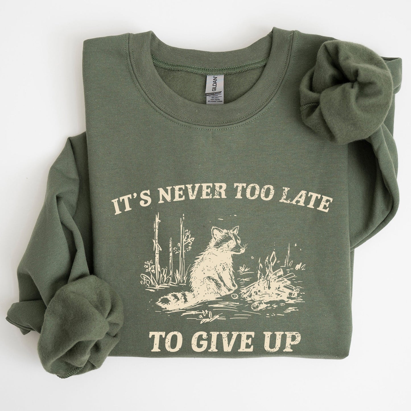 It's Never Too Late To Give Up, Raccoon, Meme, Aesthetic, Funny Sweatshirt