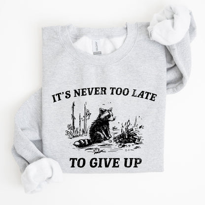 It's Never Too Late To Give Up, Raccoon, Meme, Aesthetic, Funny Sweatshirt
