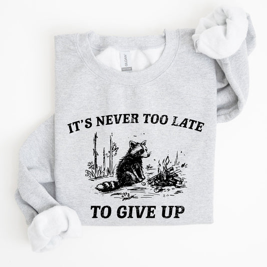 It's Never Too Late To Give Up, Raccoon, Meme, Aesthetic, Funny Sweatshirt