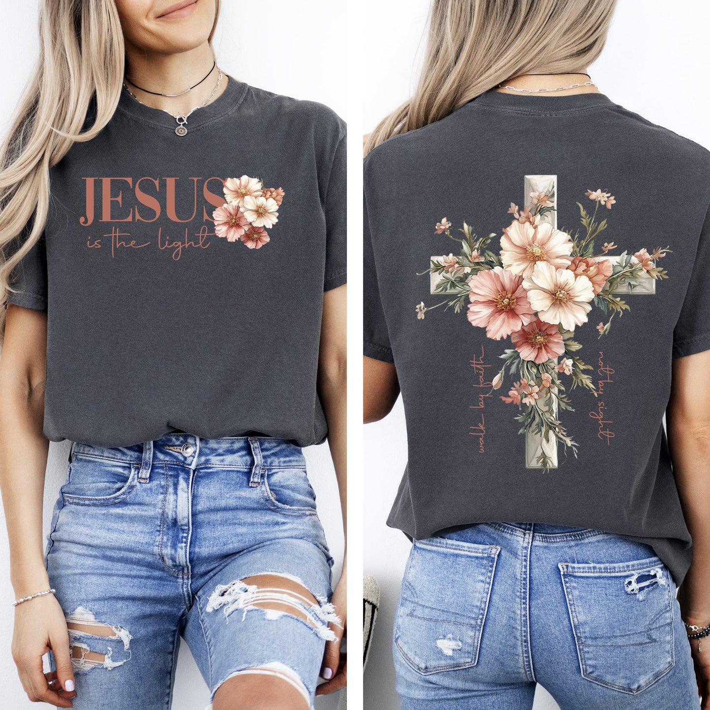 Jesus Is The Light, Floral Cross, Christian, Jesus, Gospel, Faith, Saved Tshirt Comfort Colors T-Shirt