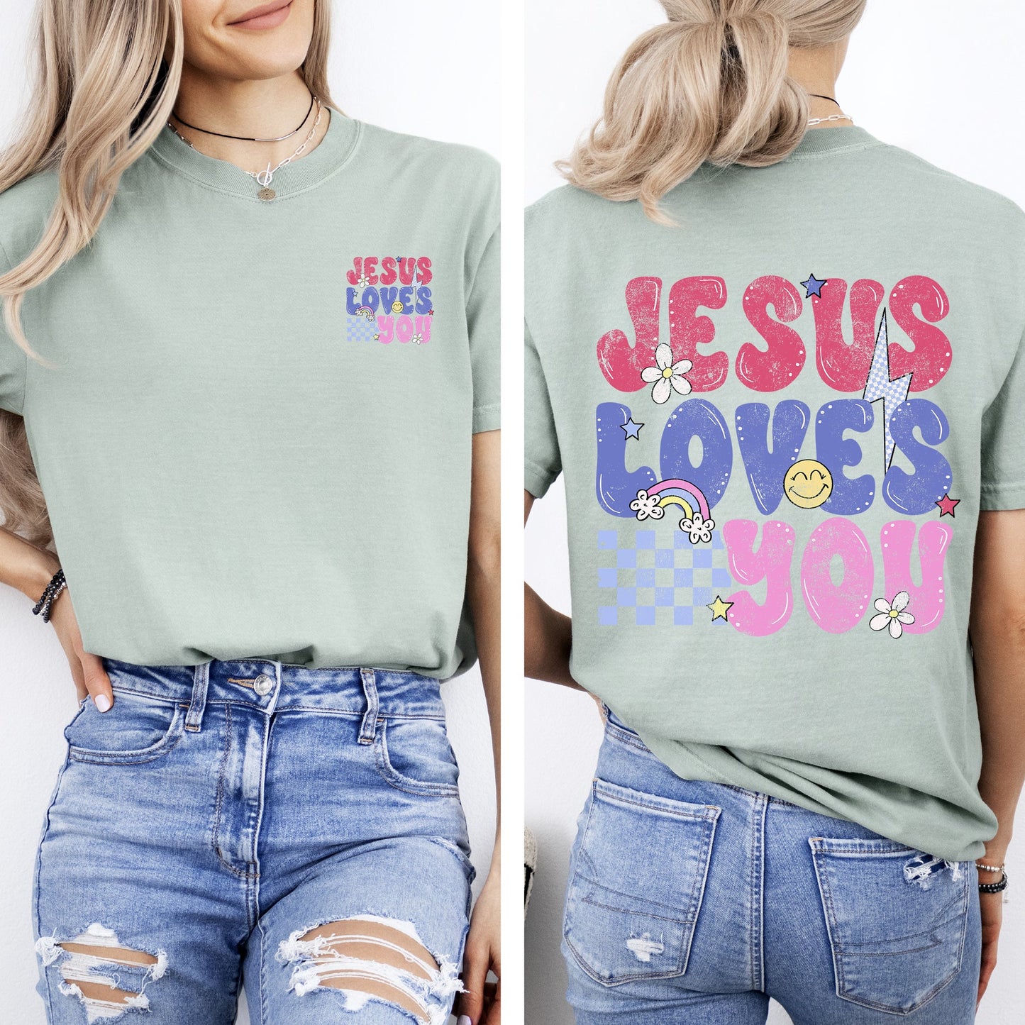 Jesus Loves You, Colorful, Positivity, Faith, Gospel, Bible, Love, Front and Back, Comfort Colors T-Shirt