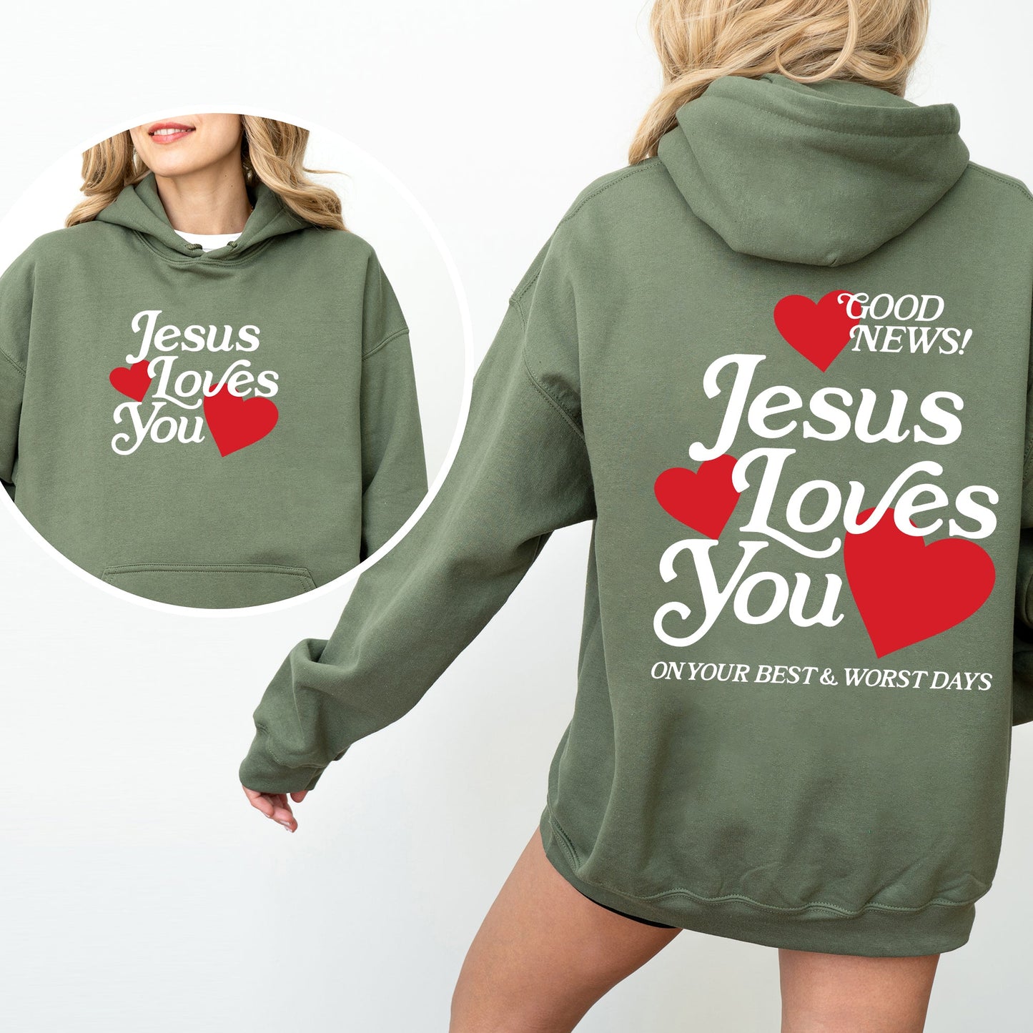 Jesus Loves You, Good News, Front and Back, Hearts, Christian, Faith, Gospel, Religious, Love Hoodie, Hooded Sweatshirt
