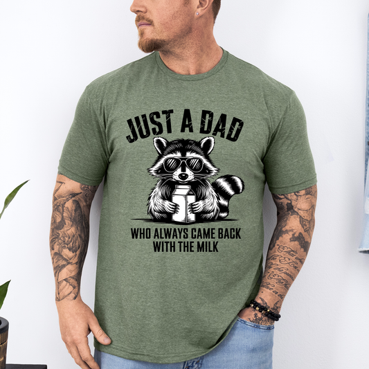 Just A Dad Who Always Came Back With The Milk, Retro, Raccoon, Dad, Father's Day, Boyfriend, Husband, Brother, Guy Gift, Soft Style T-Shirt