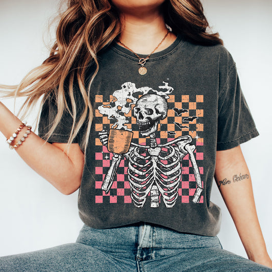 Coffee Lover Skeleton, Checkered, Mom, Retro, Aesthetic, Vintage, Comfort Colors Tshirt