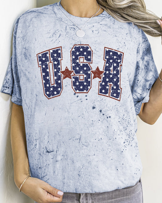 USA, Stars, Stripes, Patriotic, Retro, Varsity Style, Color Blast, Comfort Colors Tshirt