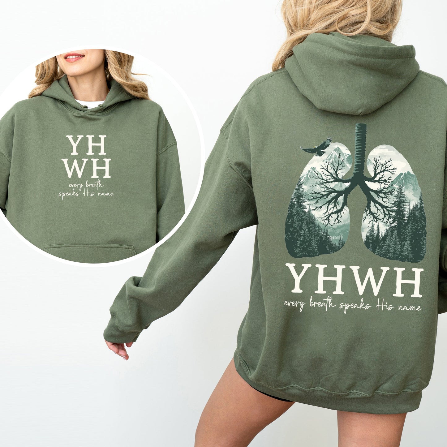 YHWH Lungs Christian, Front and Back, Every Breath Speak His Name, Hebrew, Name of God, Faith Apparel Hoodie, Hooded Sweatshirt