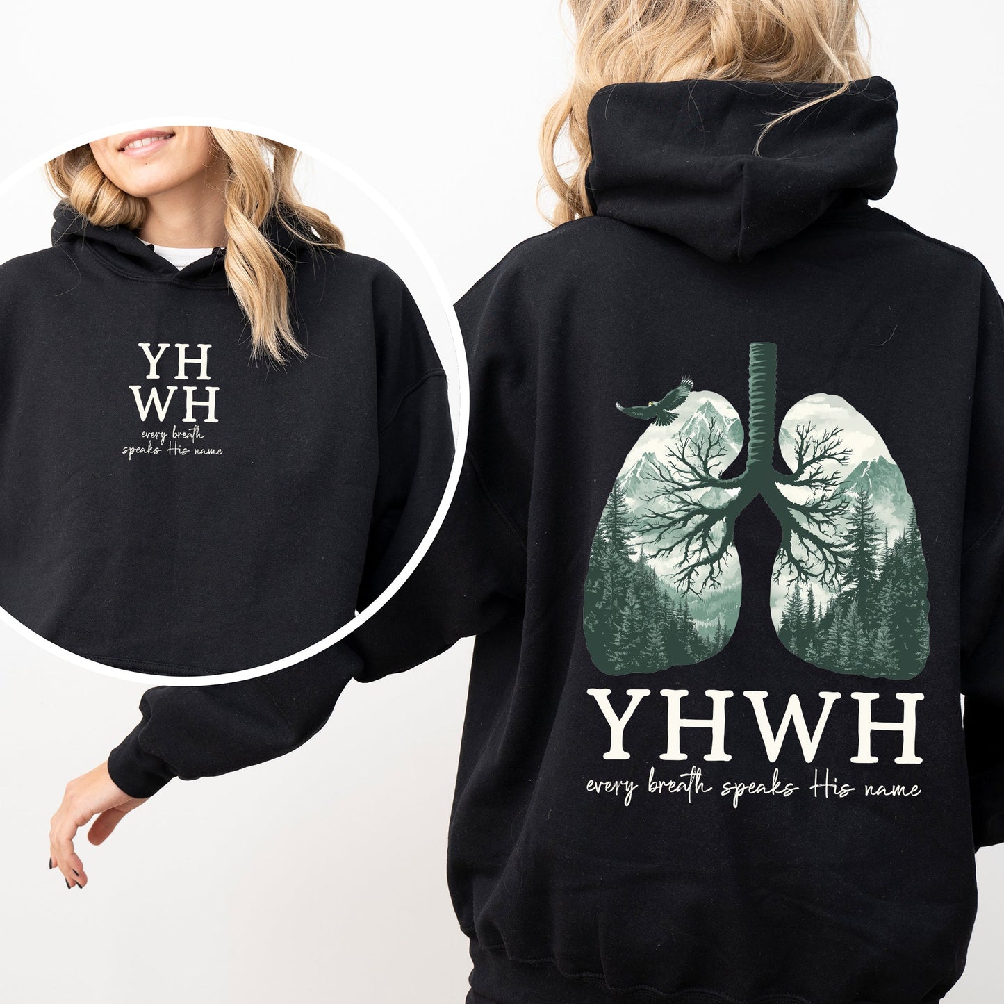 YHWH Lungs Christian, Front and Back, Every Breath Speak His Name, Hebrew, Name of God, Faith Apparel Hoodie, Hooded Sweatshirt