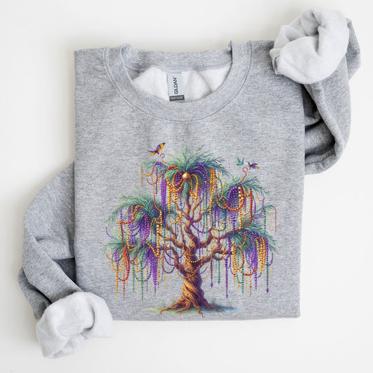 Mardi Gras Tree, Beads, Coquette, Carnival, Fleur de Lis, Fat Tuesday, Parade Sweatshirt