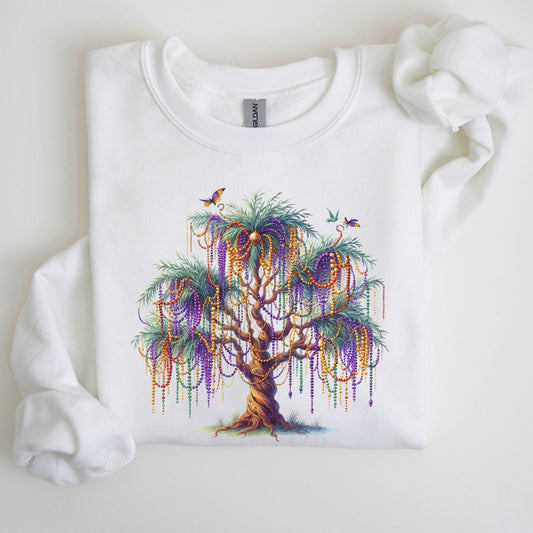 Mardi Gras Tree, Beads, Coquette, Carnival, Fleur de Lis, Fat Tuesday, Parade Sweatshirt