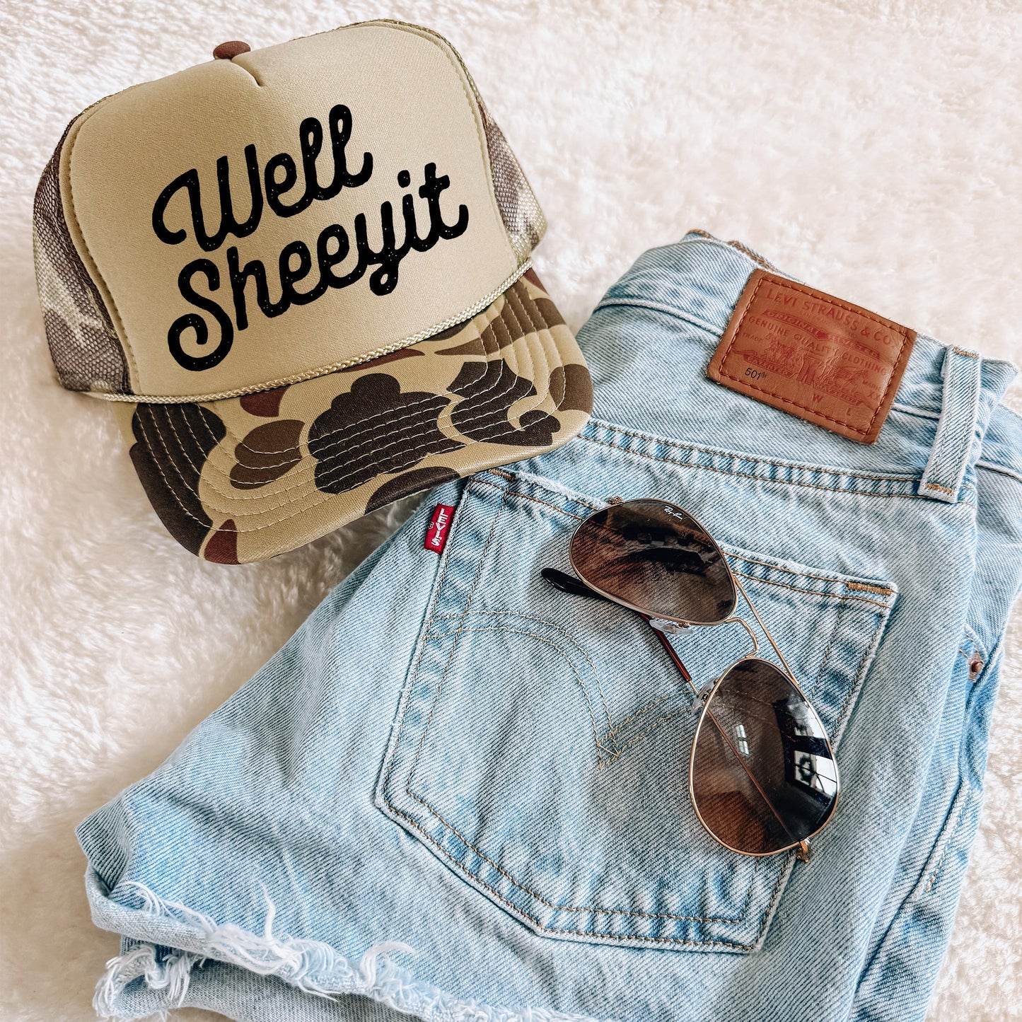 Well Sheeyit Camo Snapback Trucker Hat