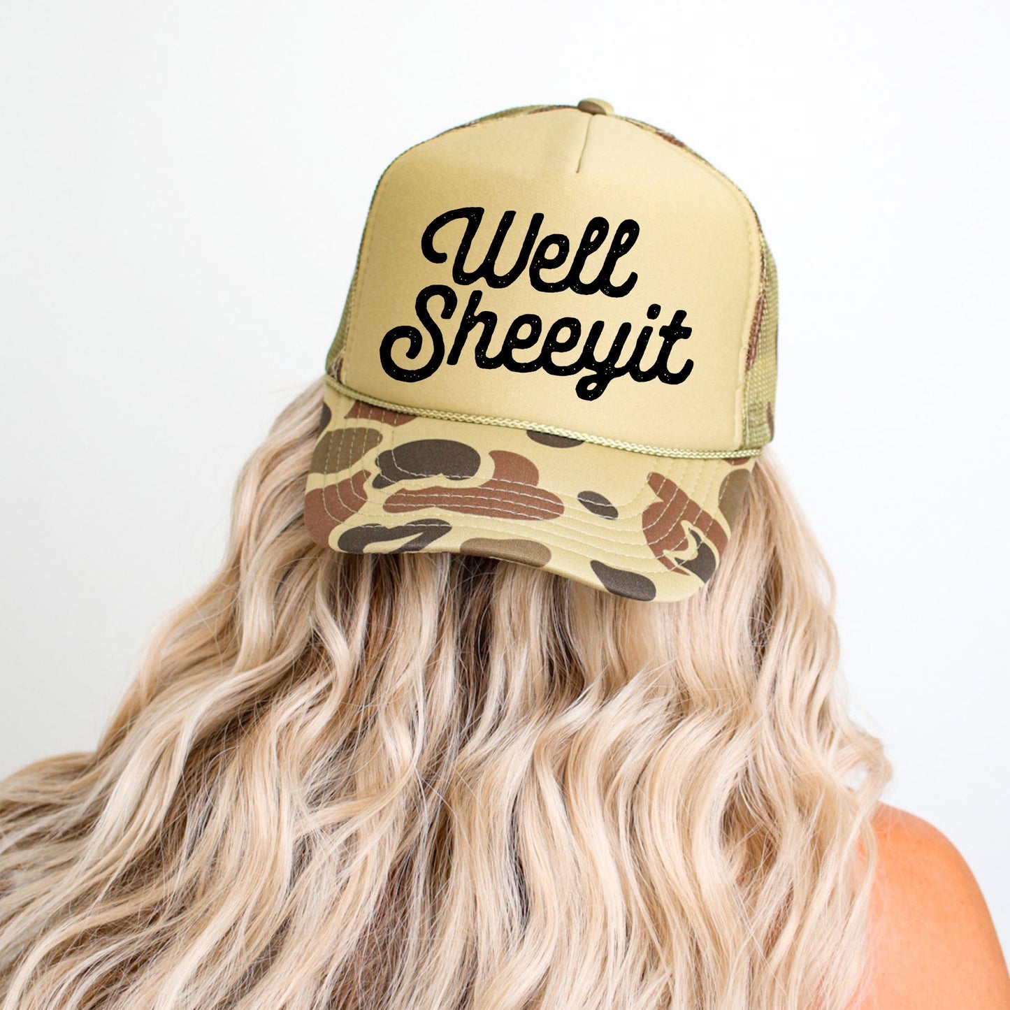Well Sheeyit Camo Snapback Trucker Hat