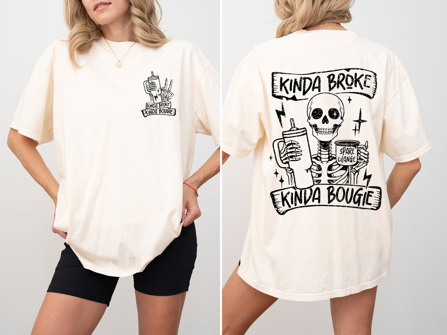 Kinda Broke, Kinda Bougie, Skeleton, Drinking, Water Container, Sassy, Funny, Tshirt Comfort Colors T-Shirt