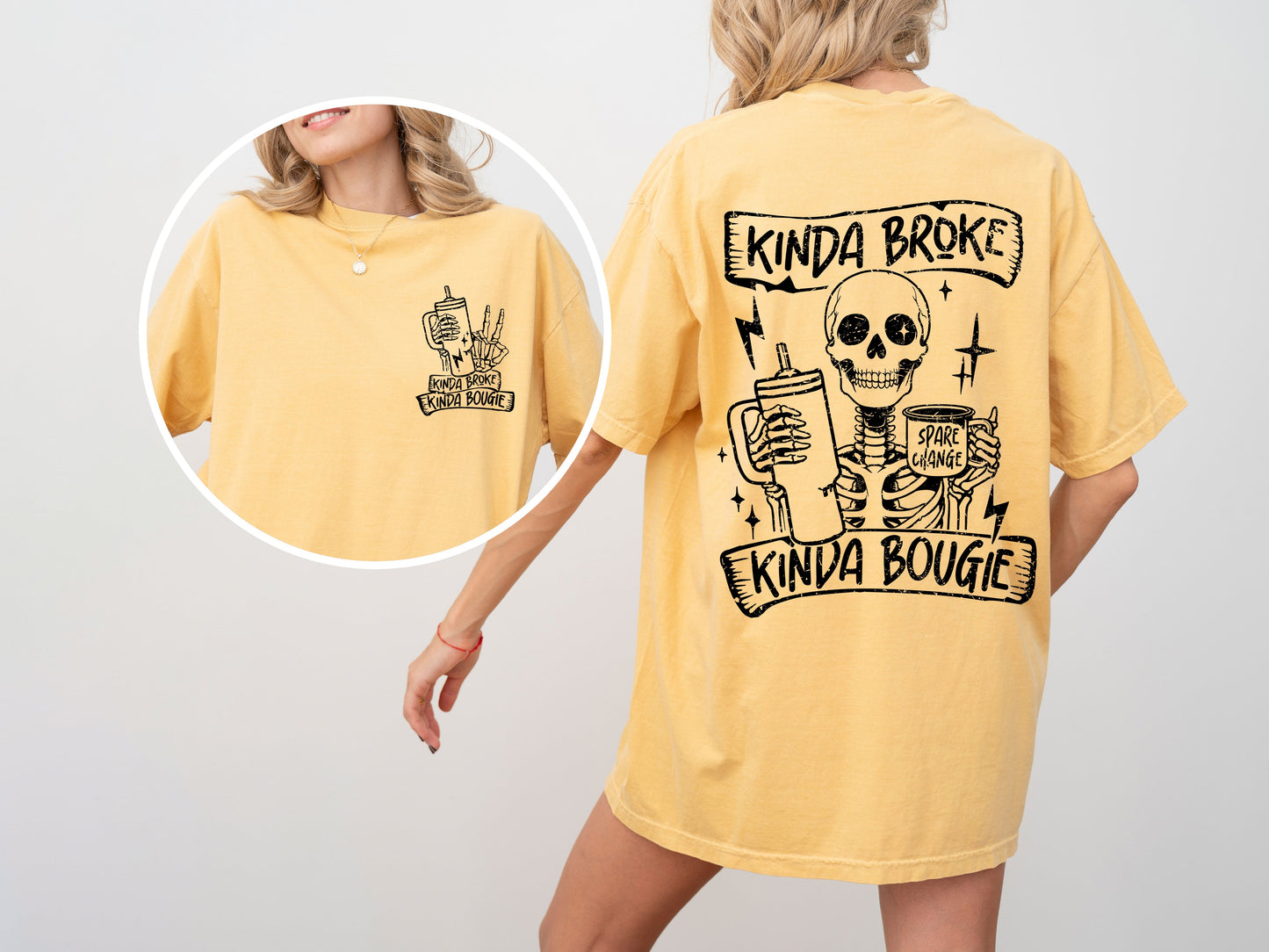 Kinda Broke, Kinda Bougie, Skeleton, Drinking, Water Container, Sassy, Funny, Tshirt Comfort Colors T-Shirt