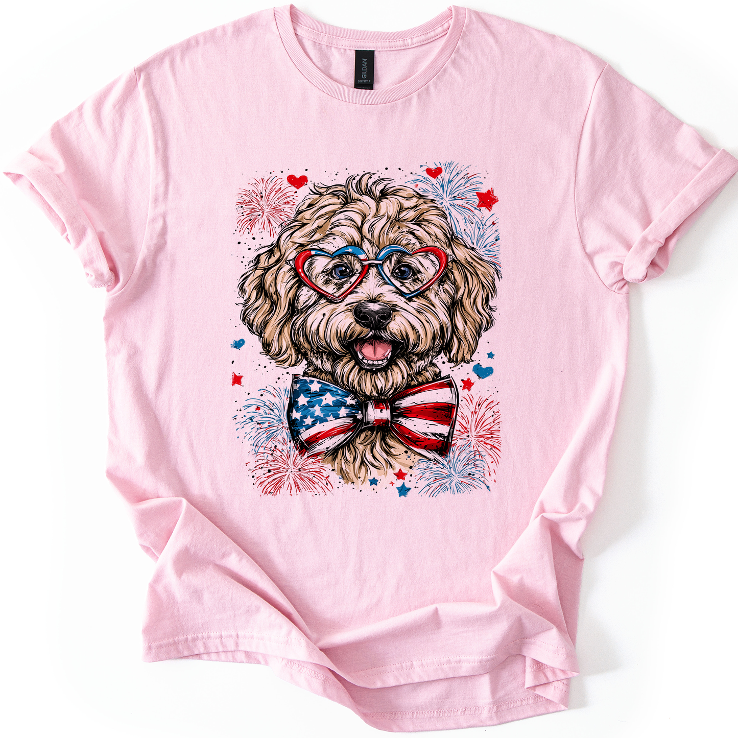 Labradoodle Patriotic Dog, USA, America, Pet Lover, 4th of July, Soft Style T-Shirt