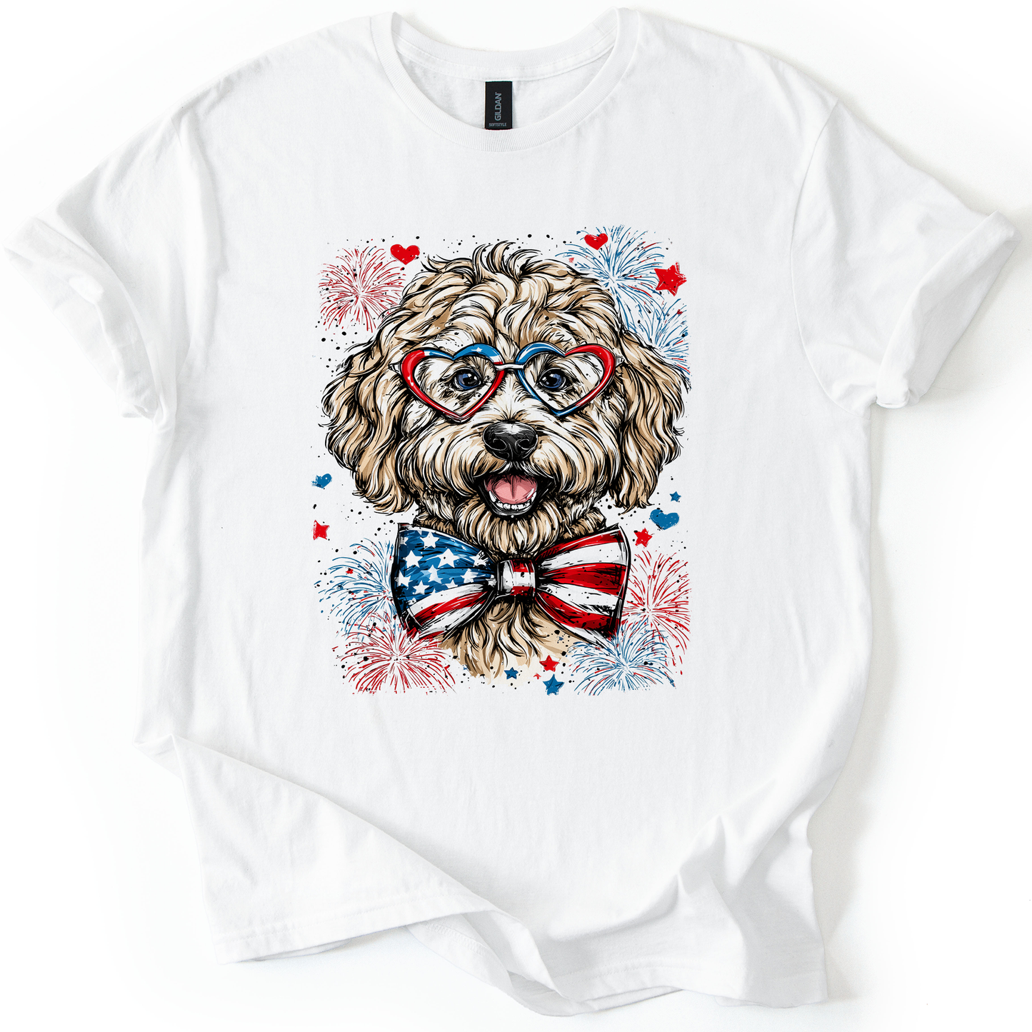 Labradoodle Patriotic Dog, USA, America, Pet Lover, 4th of July, Soft Style T-Shirt