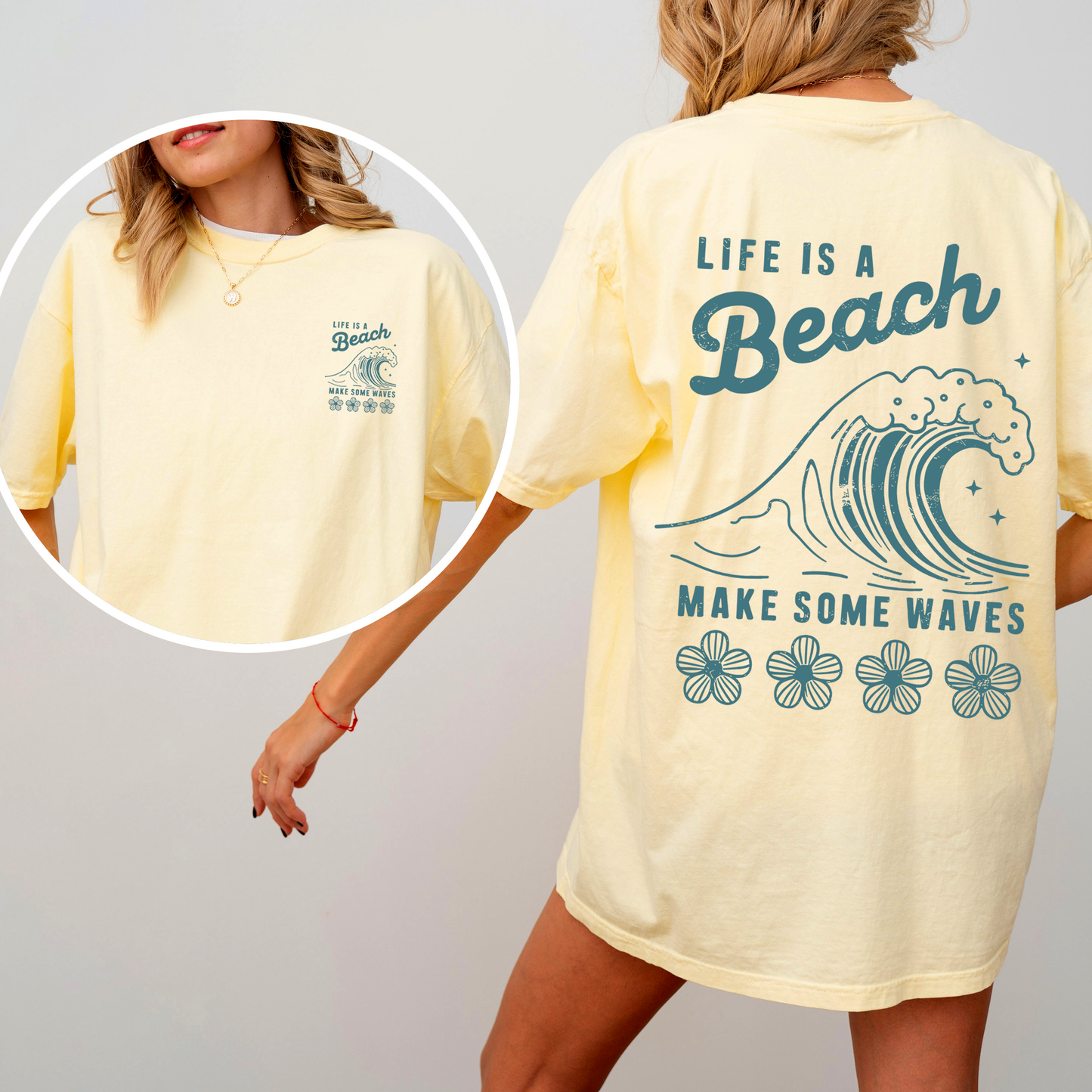 Life Is A Beach, Make Some Waves, Retro, Front and Back, Summer, Comfort Colors T-Shirt