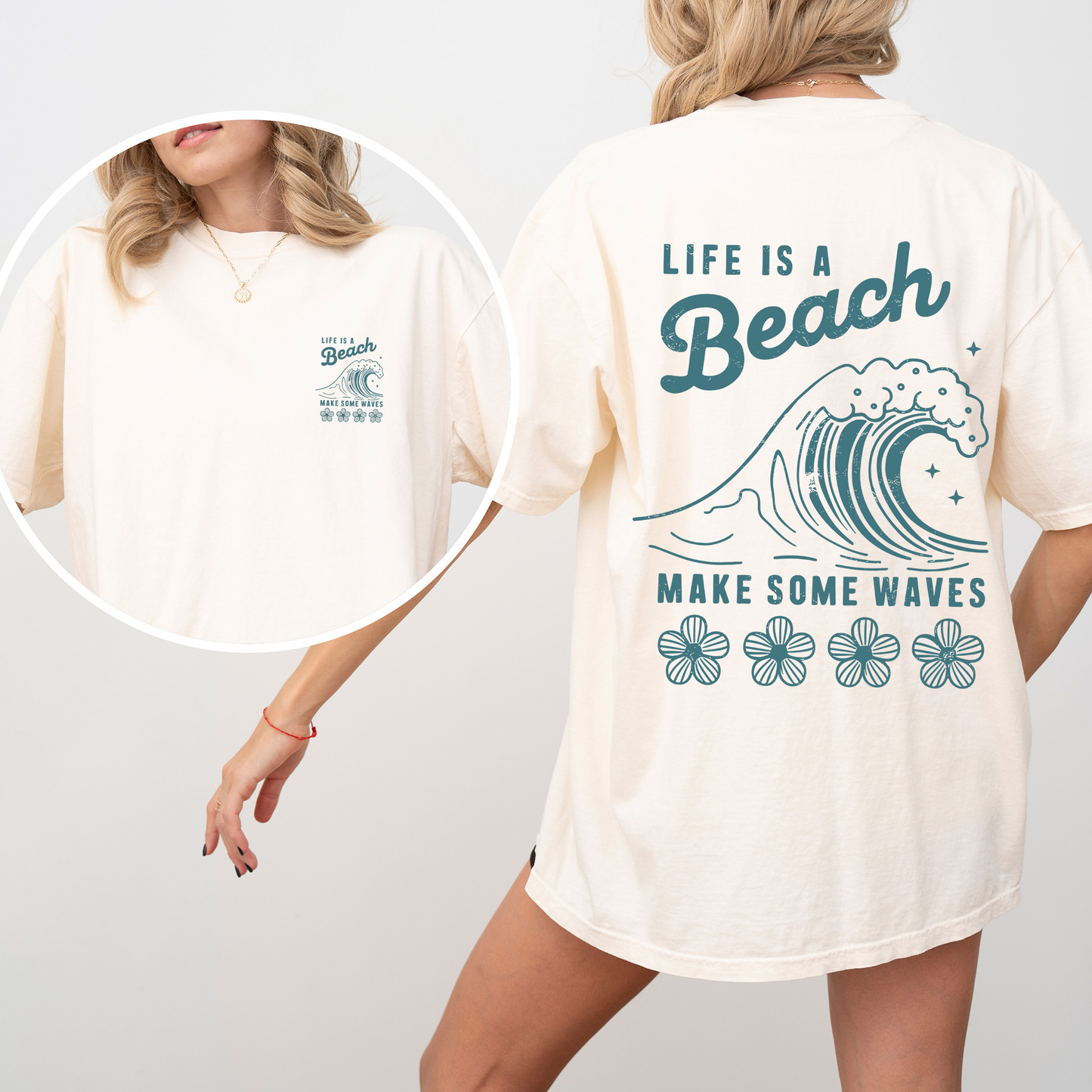 Life Is A Beach, Make Some Waves, Retro, Front and Back, Summer, Comfort Colors T-Shirt