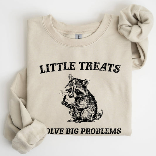 Little Treats Solve Big Problems, Raccoon, Meme, Aesthetic, Funny Sweatshirt