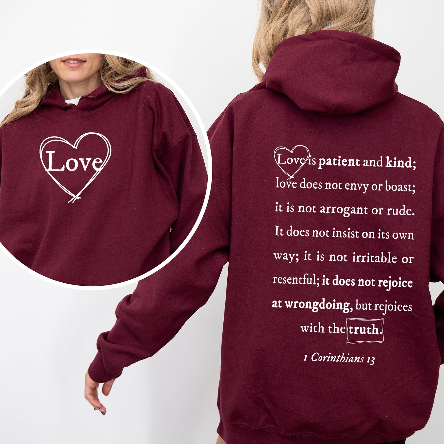 Love Is Patient, Love Is Kind, Jesus, Christian, Religious, Faith, Gospel, Front and Back Hoodie, Hooded Sweatshirt