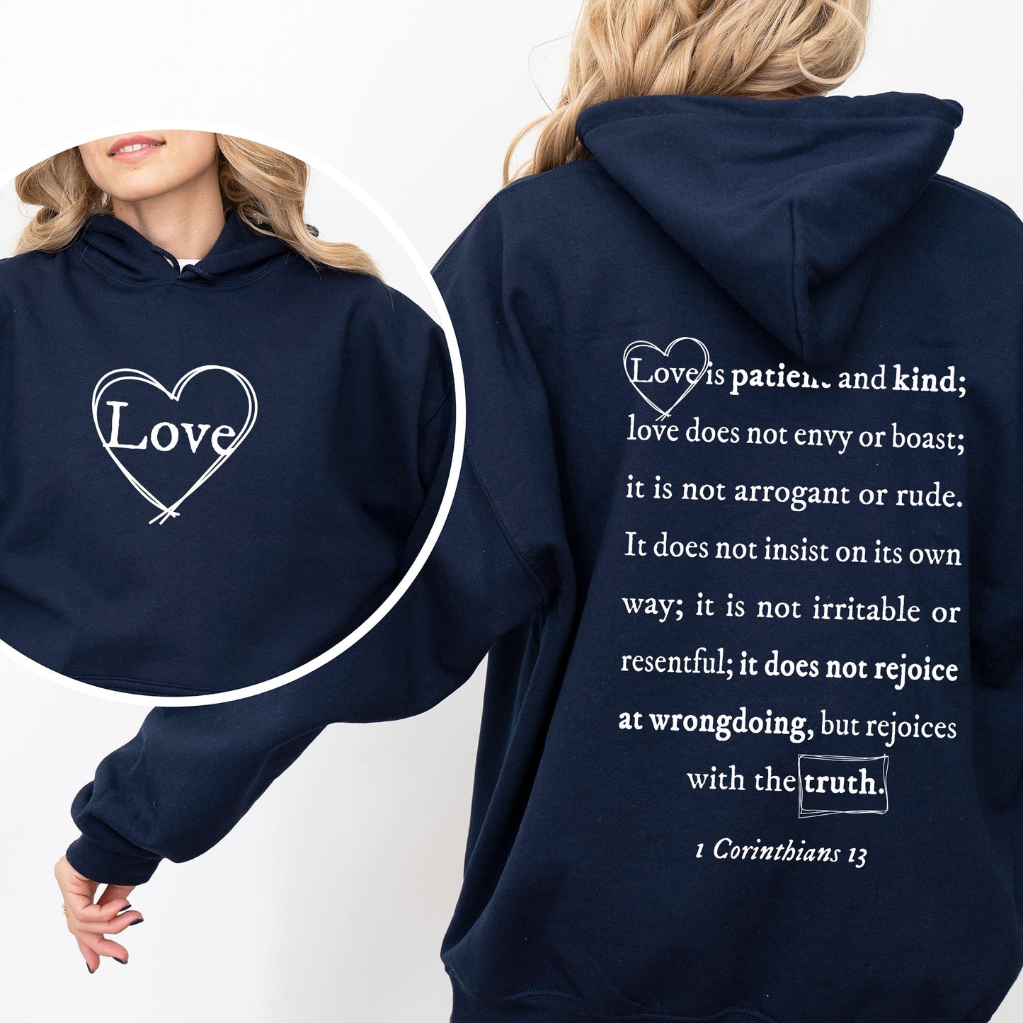 Love Is Patient, Love Is Kind, Jesus, Christian, Religious, Faith, Gospel, Front and Back Hoodie, Hooded Sweatshirt