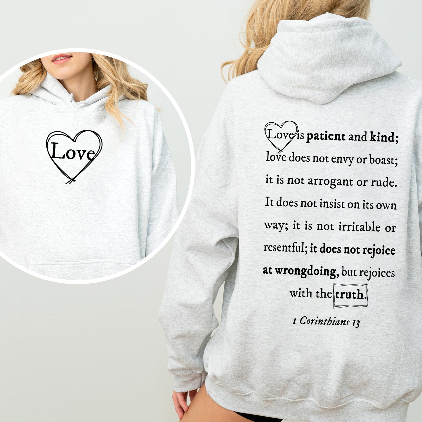 Love Is Patient, Love Is Kind, Jesus, Christian, Religious, Faith, Gospel, Front and Back Hoodie, Hooded Sweatshirt