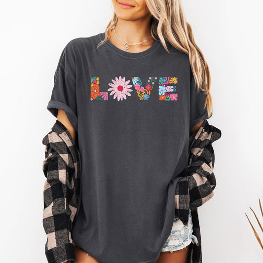 Love, Retro, Distressed, Flowers, Floral, Comfort Colors T-Shirt