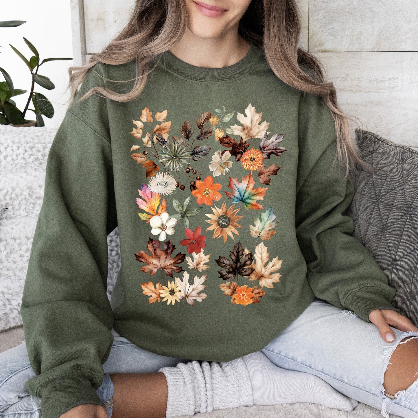Lush Leaves Artistic Floral Print Sweatshirt