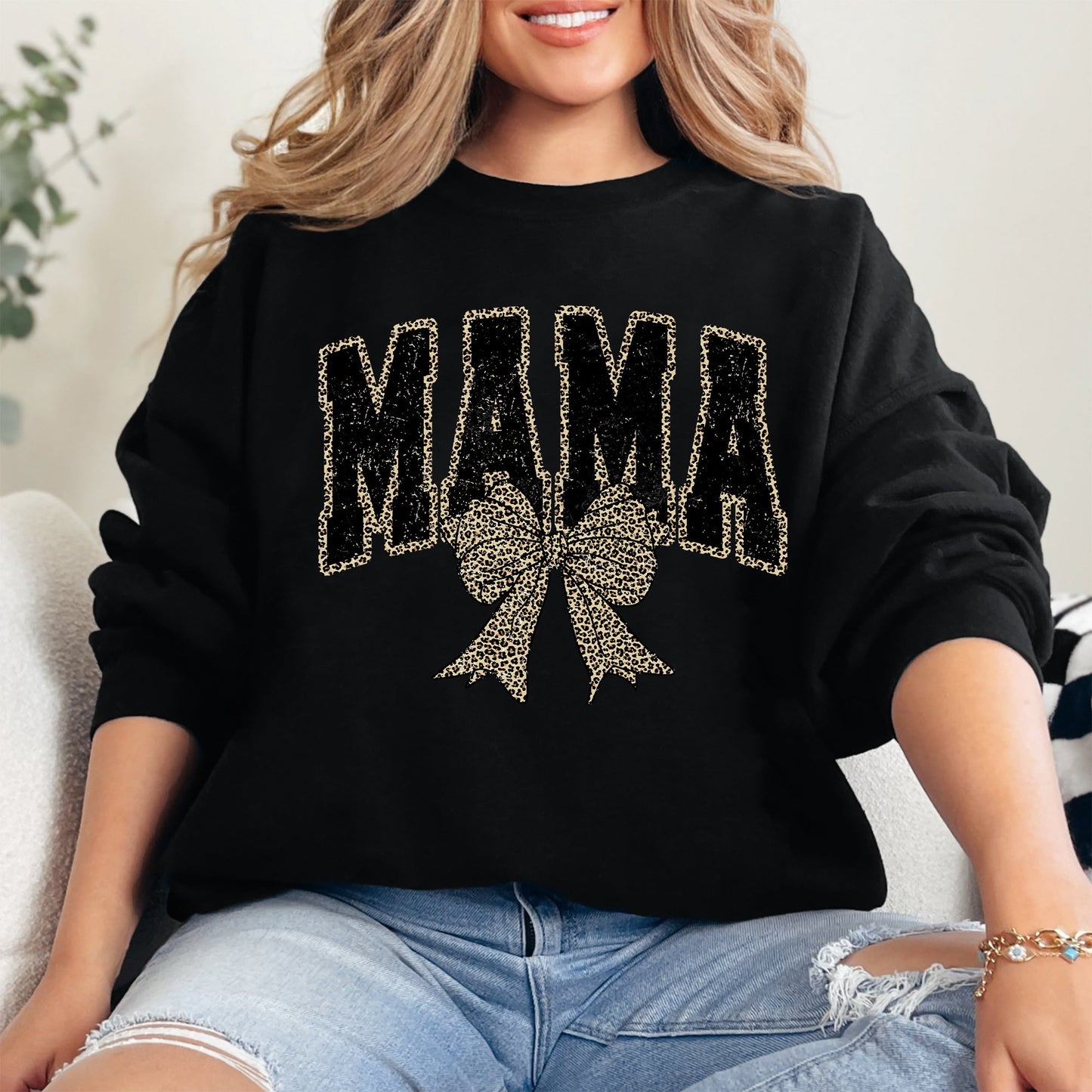 Mama, Black Leopard Print, Bow, Ribbon, Mother's Day Sweatshirt