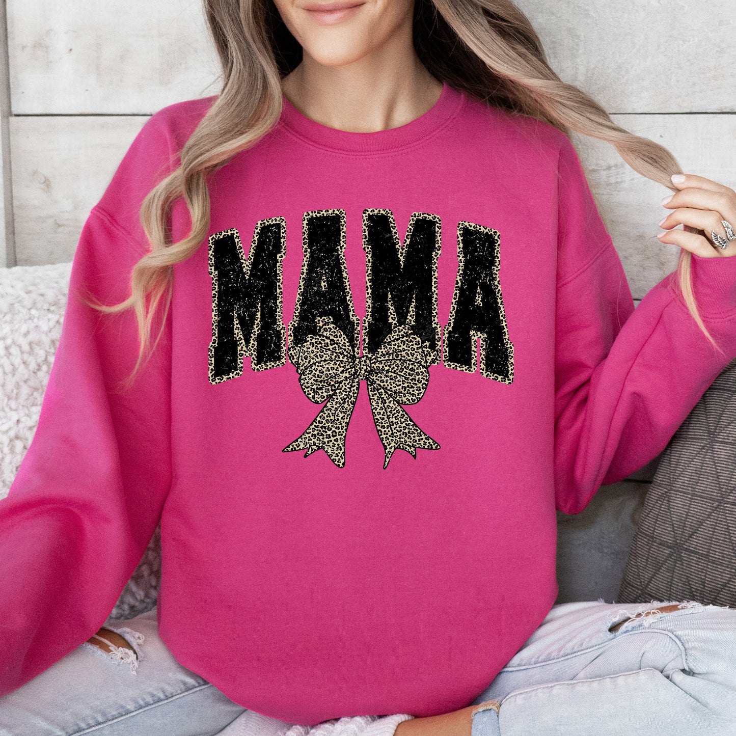 Mama, Black Leopard Print, Bow, Ribbon, Mother's Day Sweatshirt