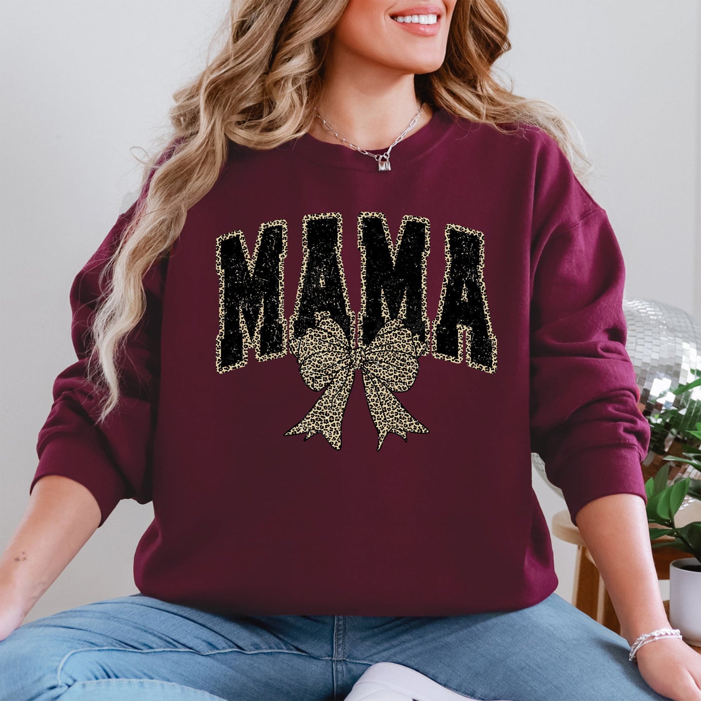 Mama, Black Leopard Print, Bow, Ribbon, Mother's Day Sweatshirt