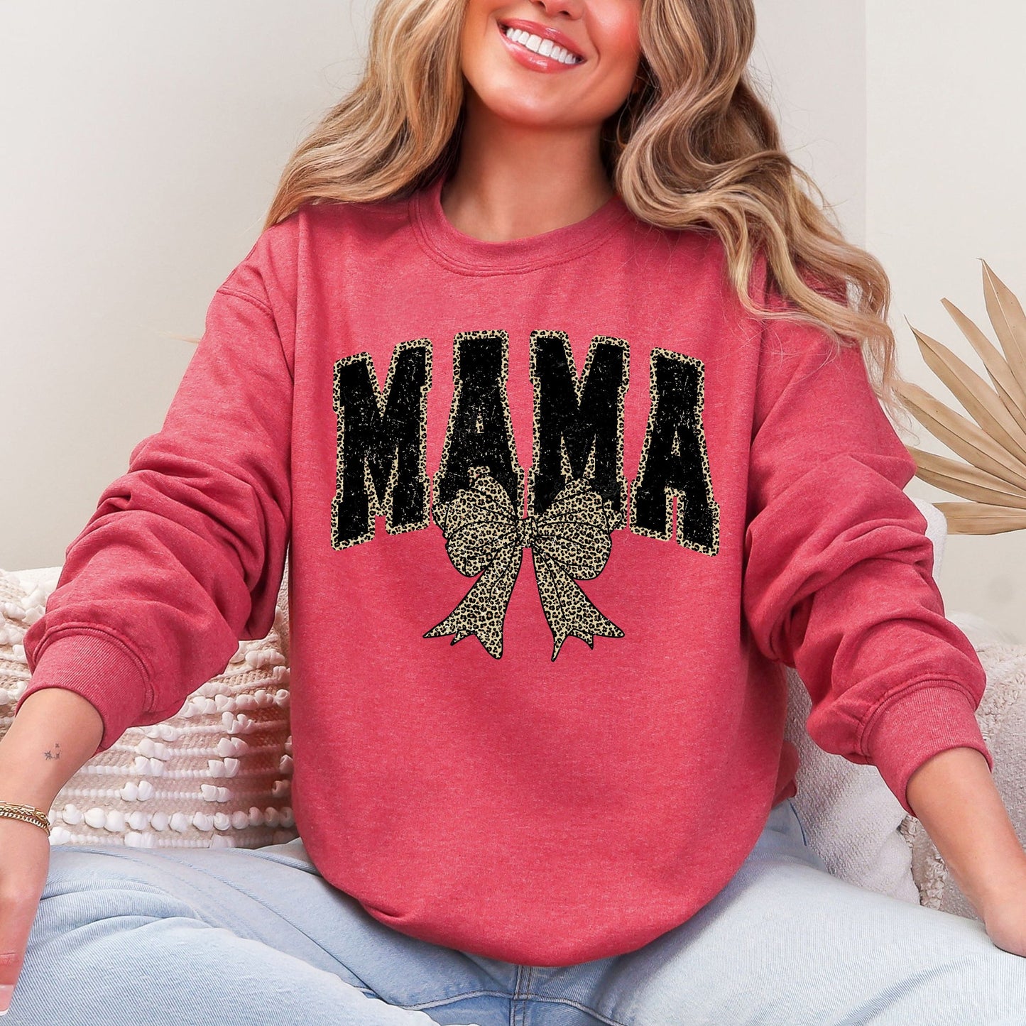 Mama, Black Leopard Print, Bow, Ribbon, Mother's Day Sweatshirt