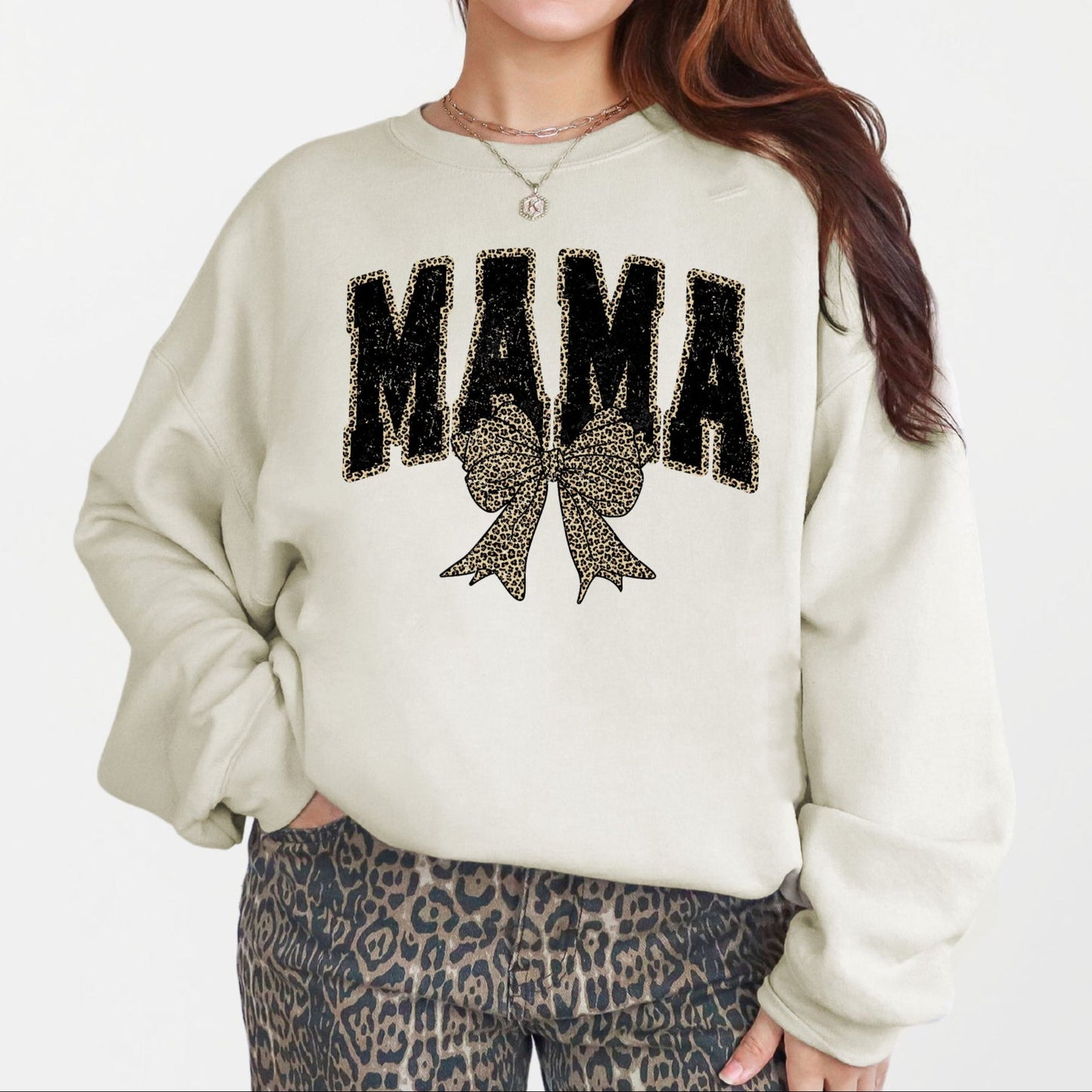 Mama, Black Leopard Print, Bow, Ribbon, Mother's Day Sweatshirt