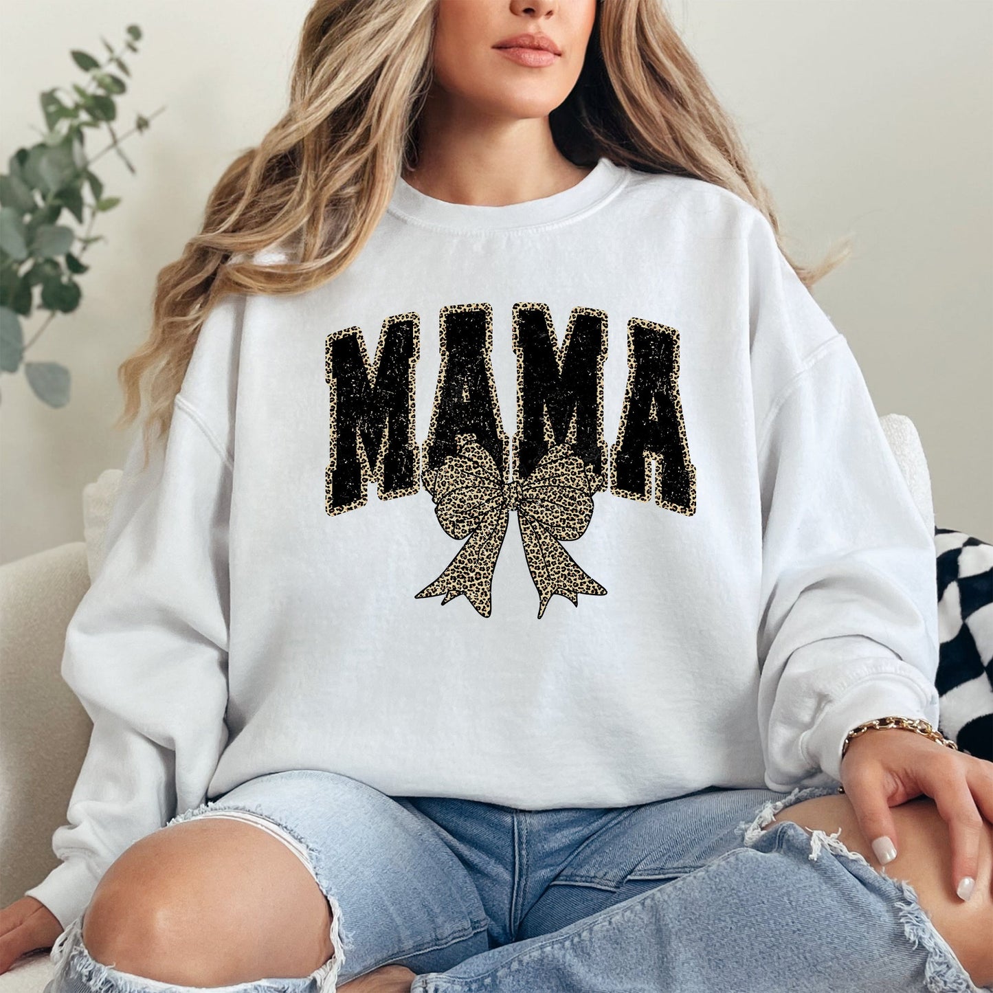 Mama, Black Leopard Print, Bow, Ribbon, Mother's Day Sweatshirt
