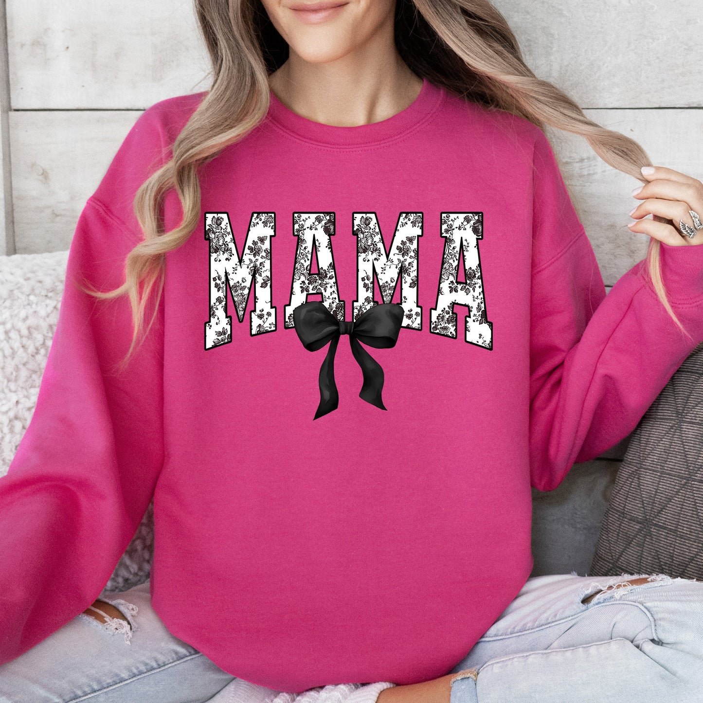 Mama, Bow, Ribbon, Black, Chinoiserie, Coquette, Varsity, Mother's Day Sweatshirt