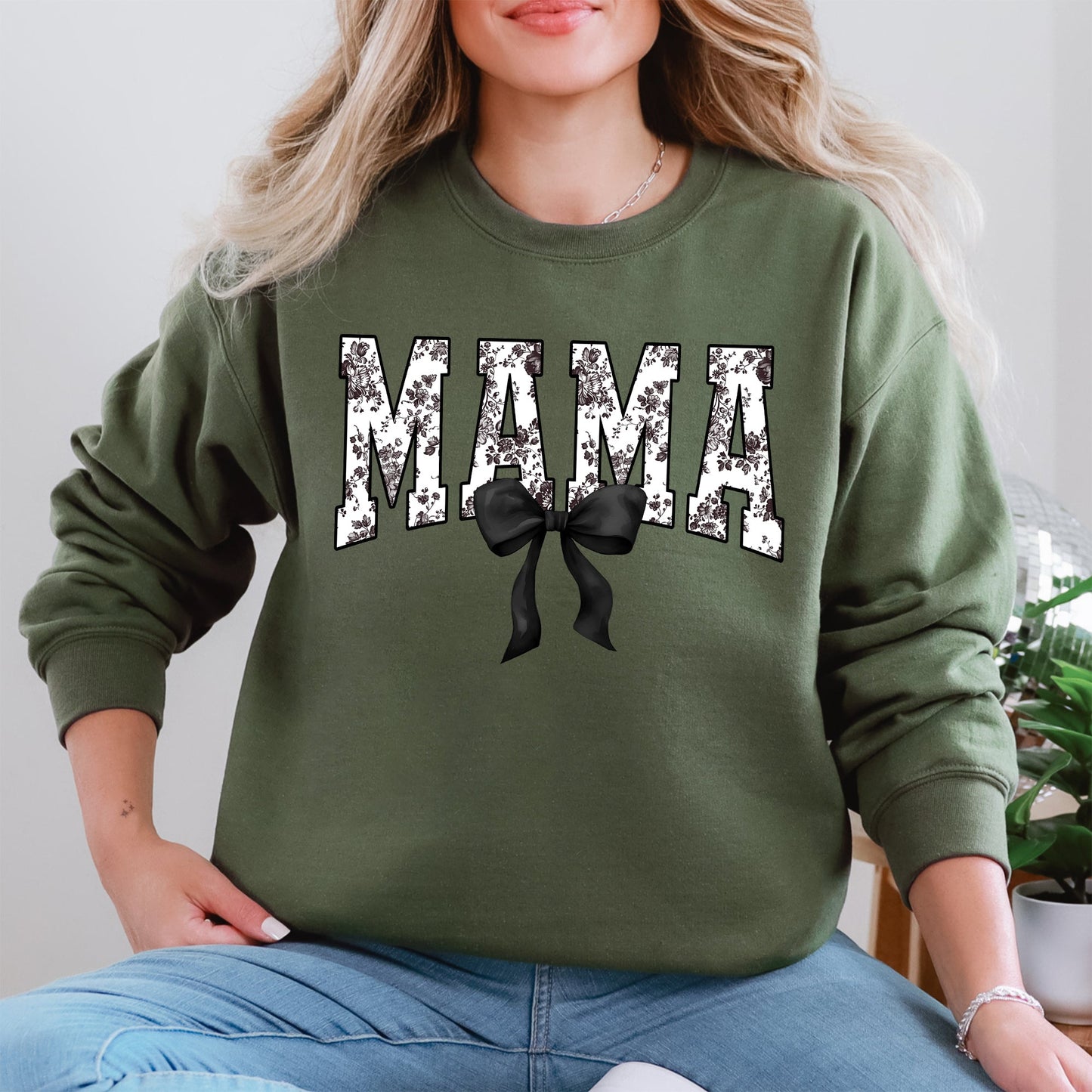 Mama, Bow, Ribbon, Black, Chinoiserie, Coquette, Varsity, Mother's Day Sweatshirt