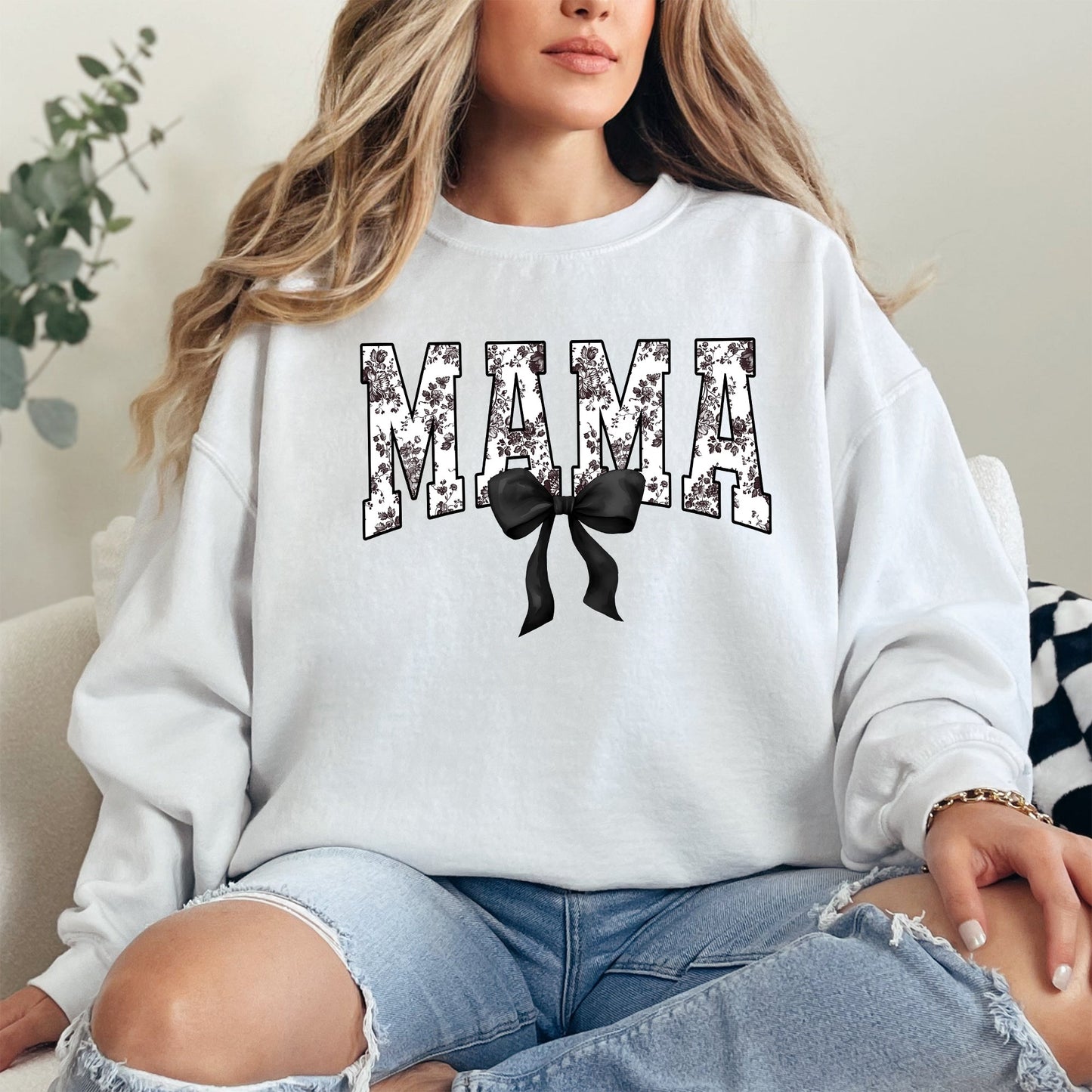 Mama, Bow, Ribbon, Black, Chinoiserie, Coquette, Varsity, Mother's Day Sweatshirt