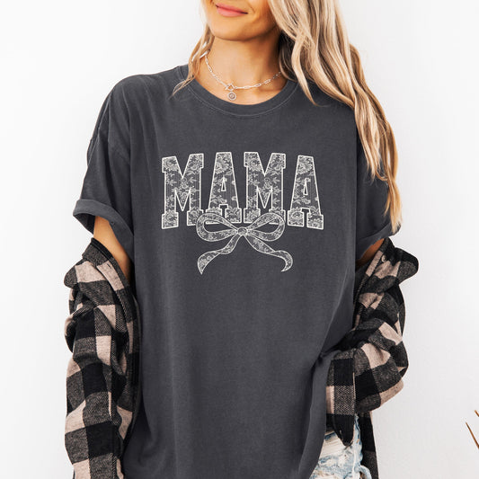 Mama, Bow, Ribbon, Faux Lace, Coquette, Varsity, Mother's Day Tshirt Comfort Colors T-Shirt