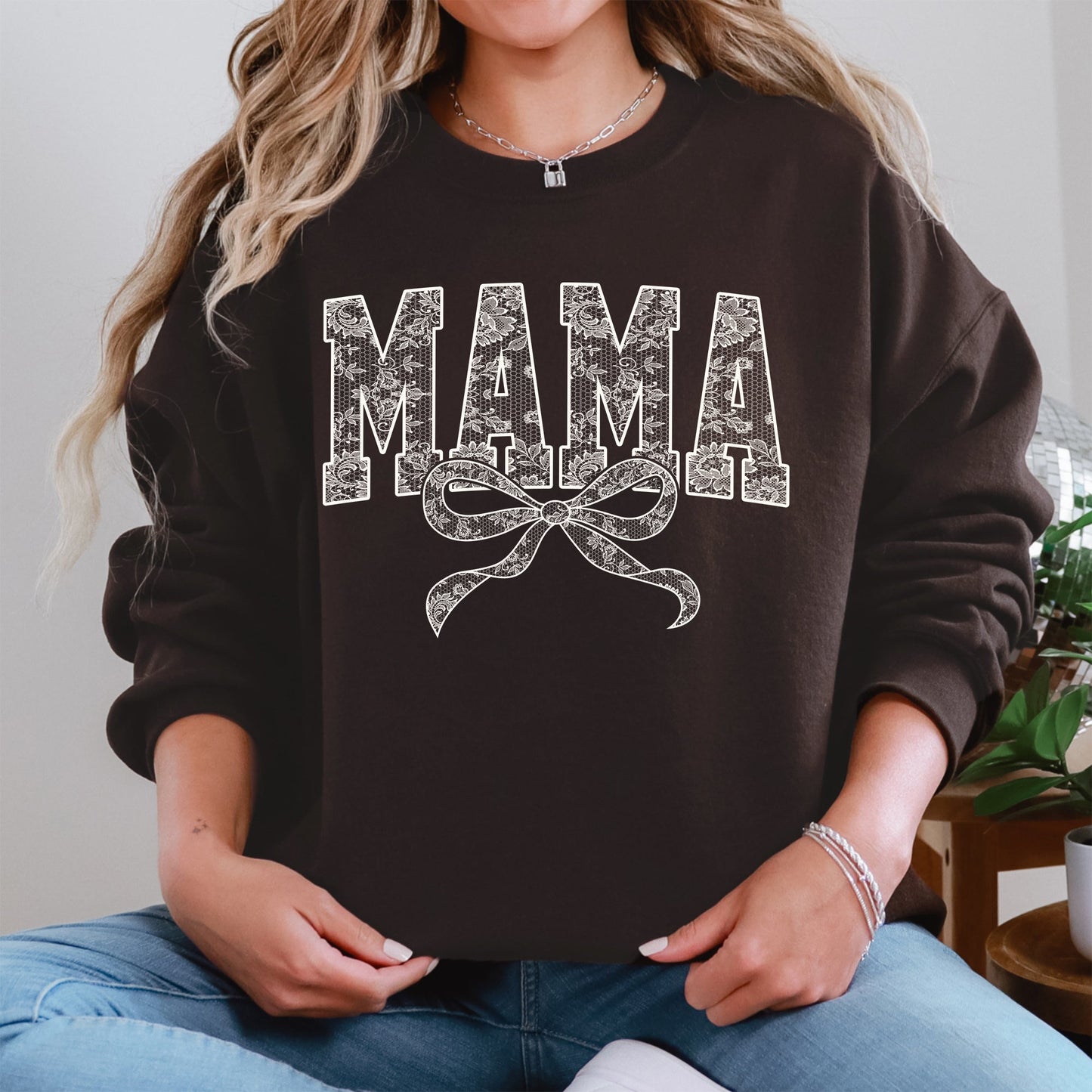 Mama, Bow, Ribbon, Faux Lace, Coquette, Varsity, Mother's Day Sweatshirt
