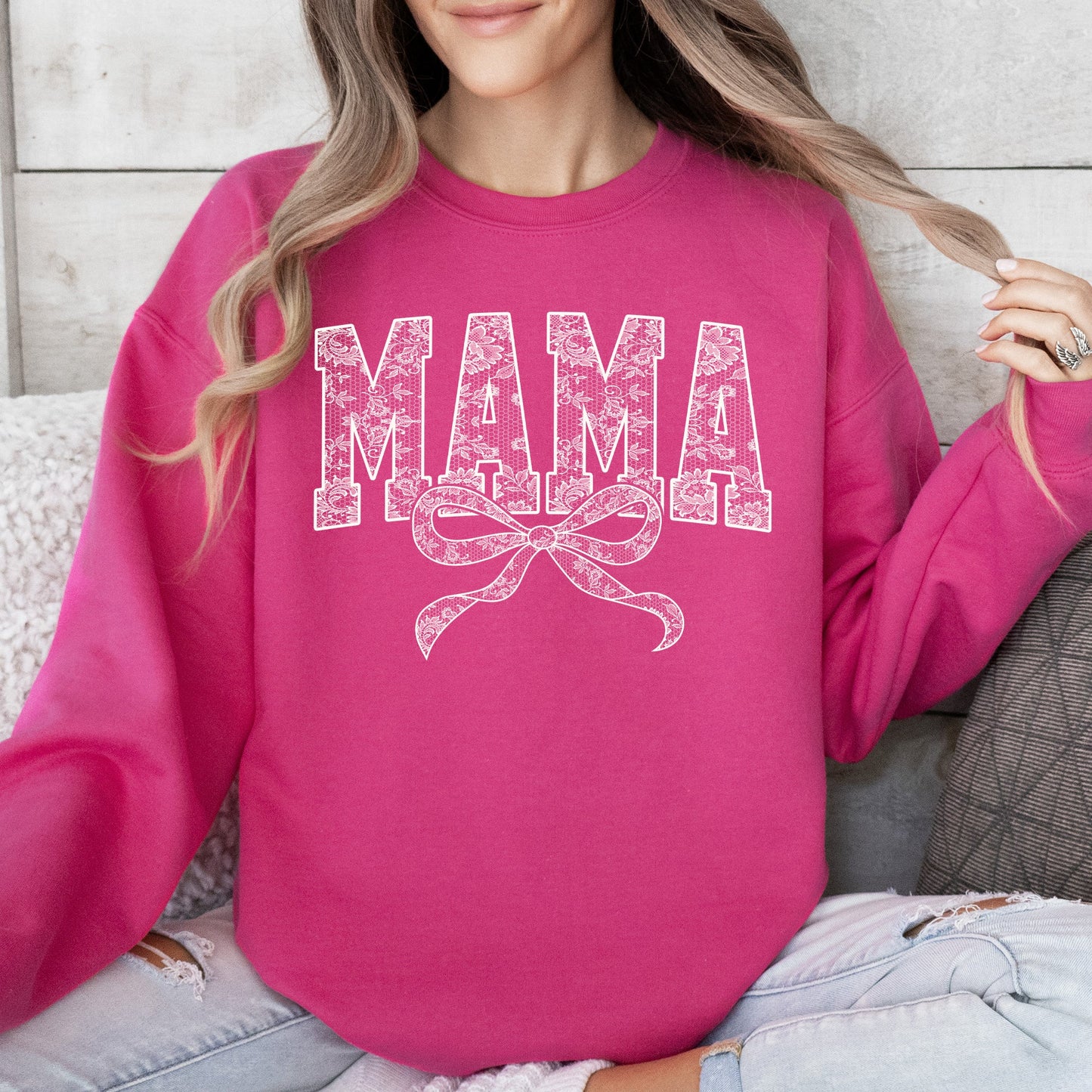 Mama, Bow, Ribbon, Faux Lace, Coquette, Varsity, Mother's Day Sweatshirt