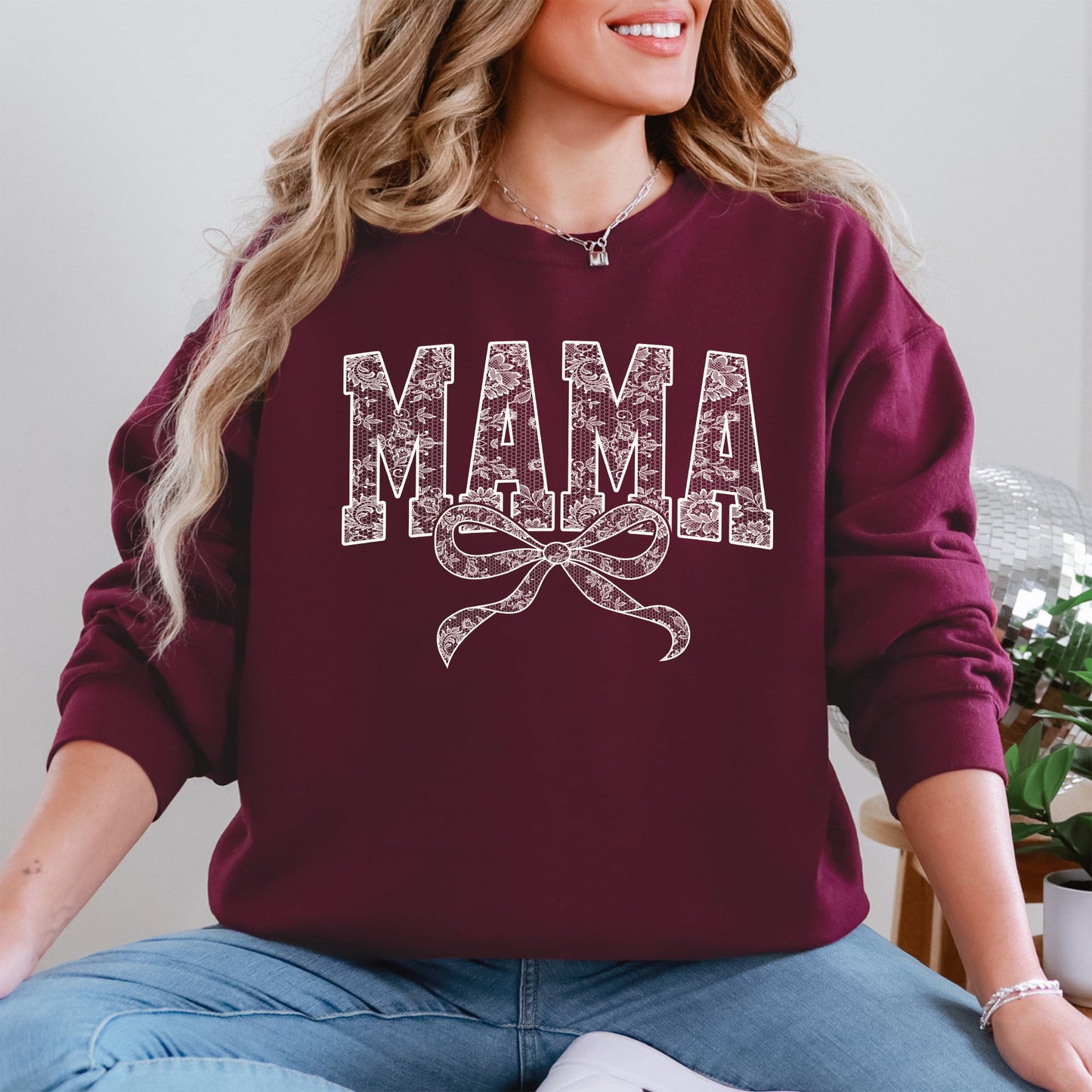Mama, Bow, Ribbon, Faux Lace, Coquette, Varsity, Mother's Day Sweatshirt
