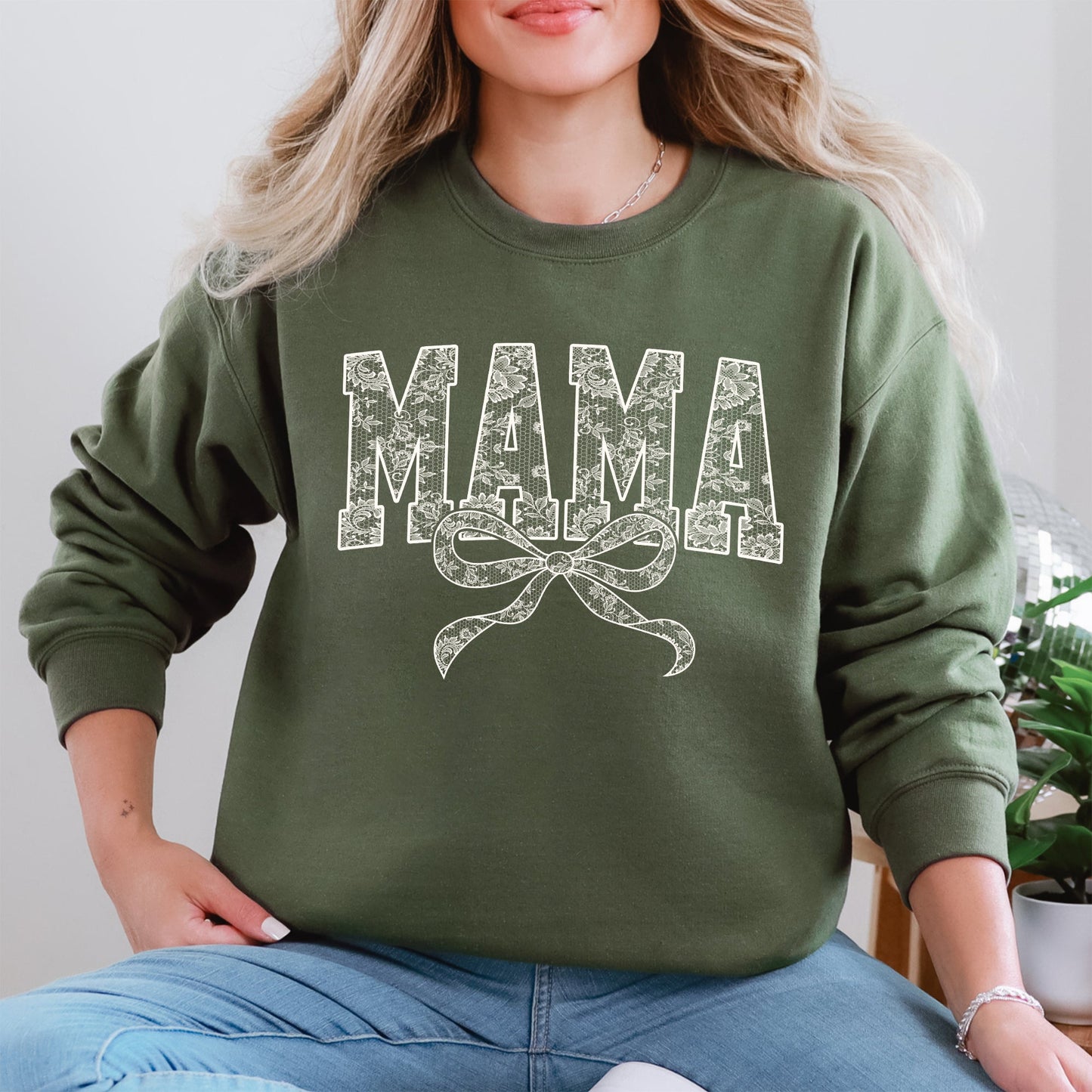 Mama, Bow, Ribbon, Faux Lace, Coquette, Varsity, Mother's Day Sweatshirt
