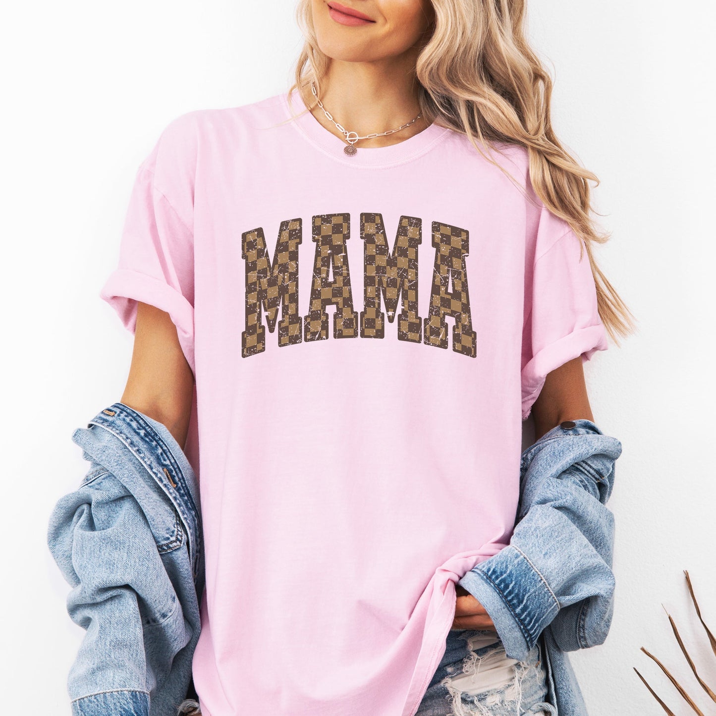 Mama, Brown Checkered, Retro, Varsity, Mother's Day Tshirt Comfort Colors T-Shirt